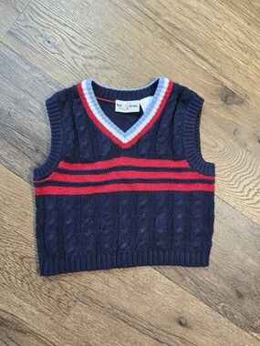 B.t. Kids Navy Cable Knit Sweater Vest with Red White Blue  stripes